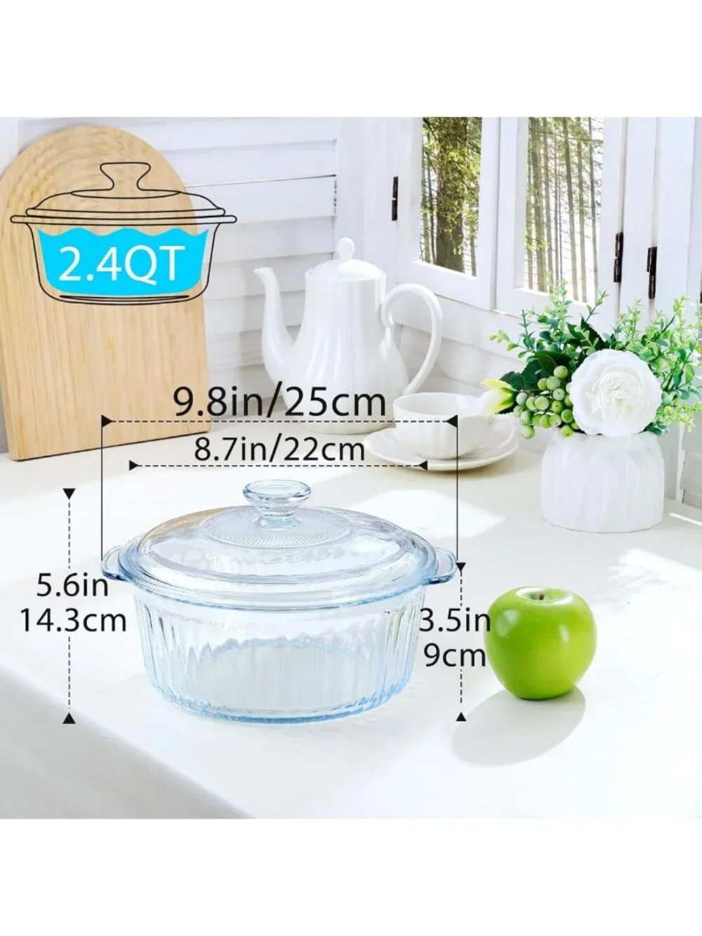 2.4QT Round Glass Casserole Dish with Lid - Borosilicate Oven Safe Bakeware